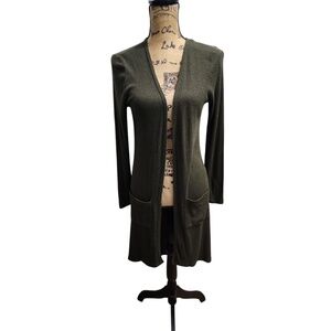 Cherish Olive Green Ribbed Knit Open Front Cardigan Duster with Pockets M